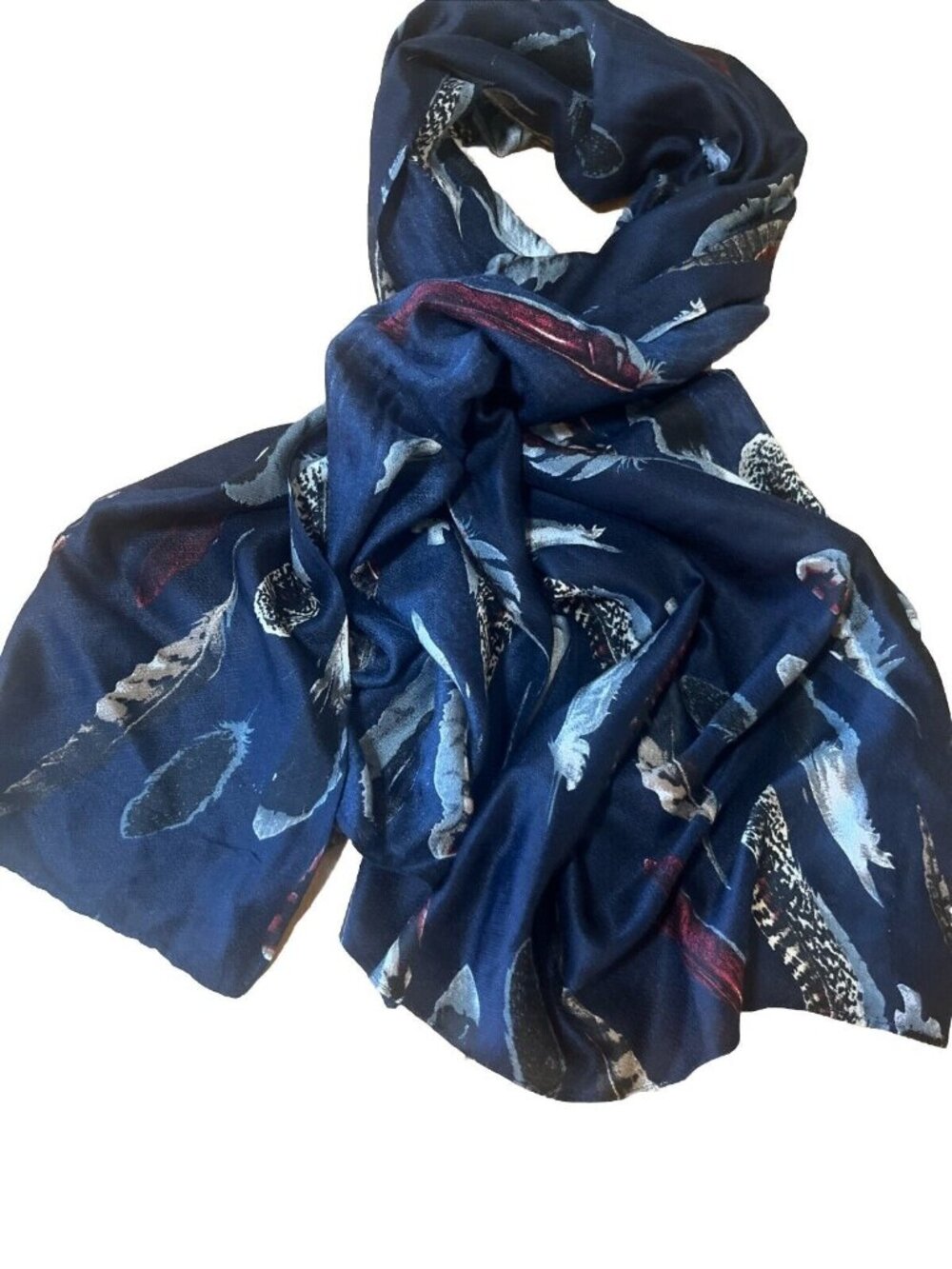 Scarf With Floating Feathers Navy Blue 66x28in New Joy Susan